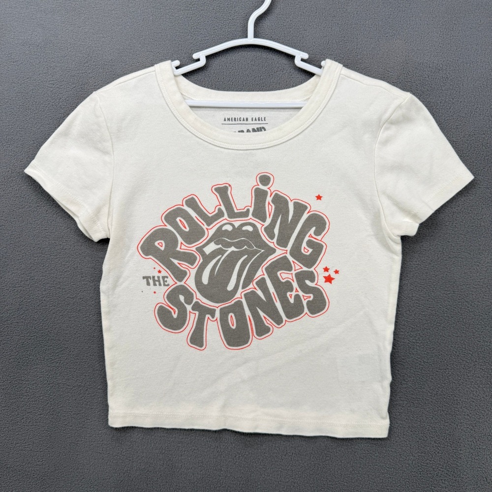 American Eagle Rolling Stones Fitted Crop Baby Tee Small Cream Grey Y2k Style